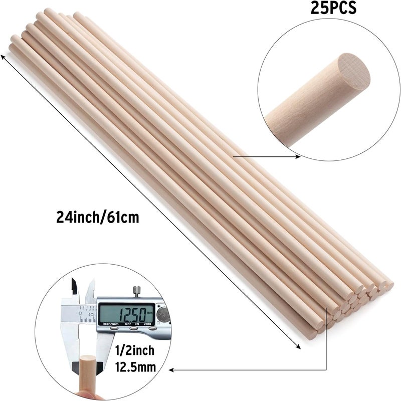 Coowayze Wood Dowels Wooden Dowel Rods for Crafts, 25PCS 1/2 x 24 Round Macrame Wooden Sticks for Crafting, Unfinished Hardwood Sticks for Arts and DIYers, Tiered Cake Support and Wedding Ribbon Wands - Image 2